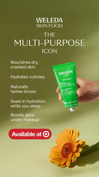 This ad showcases Weleda Skin Food cream as a versatile solution for multiple skin concerns like dry skin, cuticle hydra