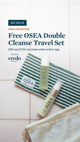 This ad promotes a free OSEA Double Cleanse Travel Set with any $125+ purchase online and in-app.