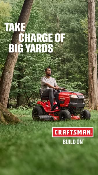 This image ad showcases a Craftsman riding lawn mower. It emphasizes the mower's ability to handle large yards throu