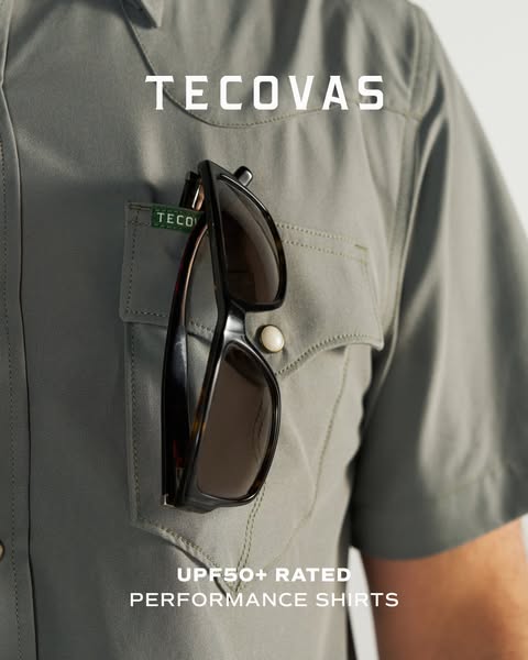 An advertisement for Tecovas performance shirts shows a close up of the shirt, drawing attention to the performance bene