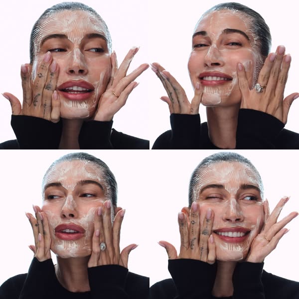This image ad features Hailey Bieber applying a facial cleanser. The ad is broken into four quadrants to show Bieber sme