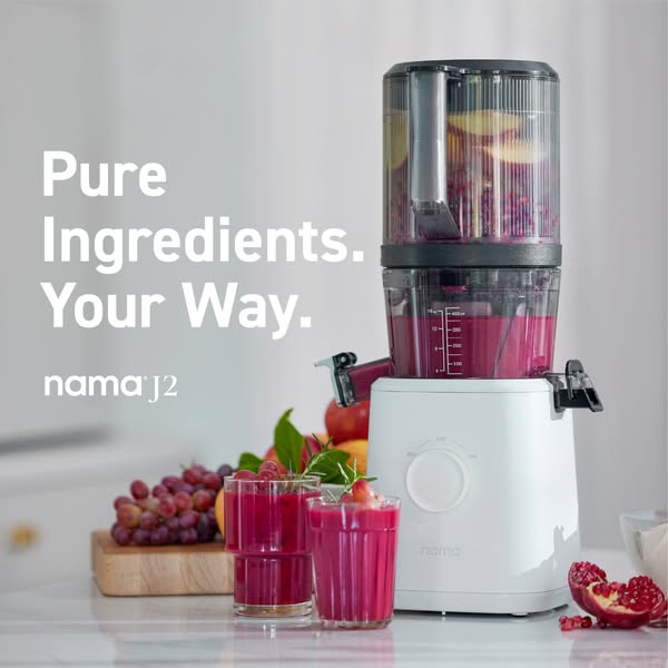 An image ad for the Nama J2 juicer. The ad emphasizes the ability to make pure ingredients your way with the Nama J2.