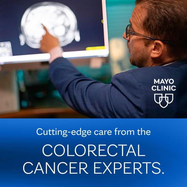 This image ad by Mayo Clinic promotes their expertise in colorectal cancer treatment. The ad uses a serious, trustworthy