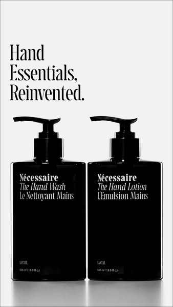 This image ad showcases Nécessaire hand wash and hand lotion duo. The ad highlights the brand's commitment to reinve