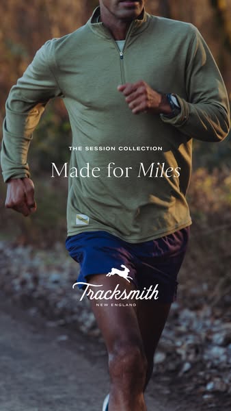 An image ad for Tracksmith's Session Collection, featuring a male runner on a trail.
