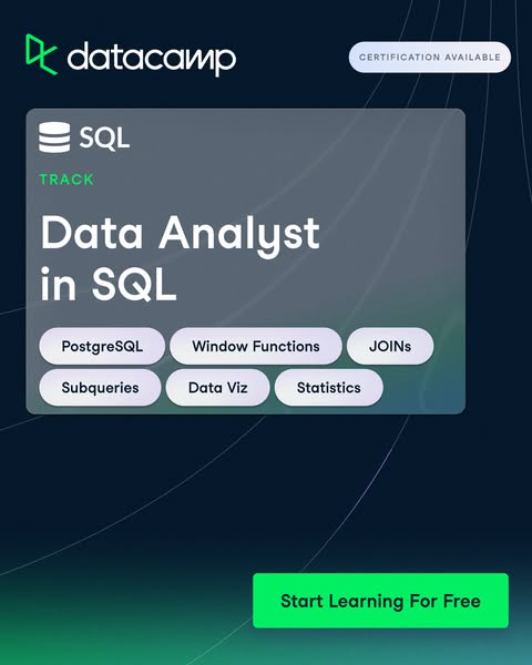 This ad promotes Datacamp's Data Analyst in SQL track. The ad highlights the availability of certification and provi