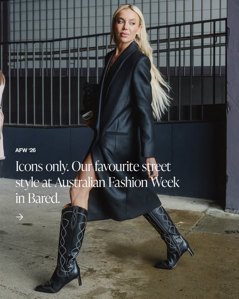 This ad highlights street style from Australian Fashion Week and directs users to shop at Bared.