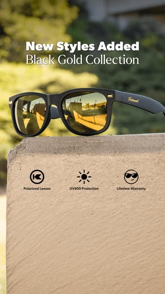 This ad showcases the new black and gold collection of sunglasses from this brand, highlighting their polarized lenses, 