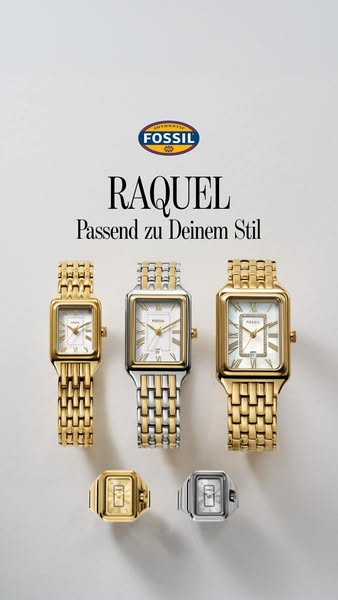 The ad showcases the Fossil Raquel watch in gold and silver in two different sizes.