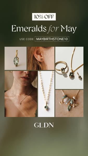 This ad showcases a variety of jewelry pieces featuring emeralds from GLDN, highlighting them as the birthstone for May 