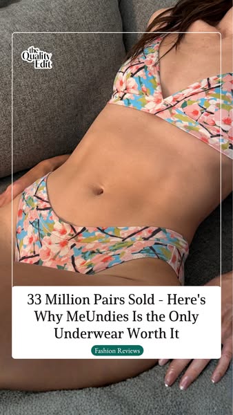 This ad shows a woman wearing a matching MeUndies bra and underwear set while lying on a gray couch. Text overlay highli