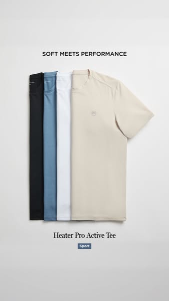 This image ad showcases the Heater Pro Active Tee. The ad emphasizes the balance of softness and performance through the