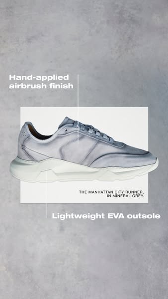 This ad highlights the Manhattan City Runner shoe in mineral grey with a focus on its hand-applied airbrush finish and l