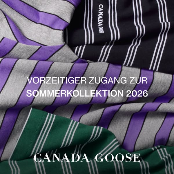 This ad showcases the 2026 summer collection by Canada Goose with a focus on striped shirts.