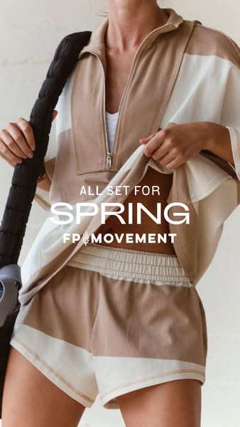 This ad for FP Movement features a woman wearing a matching top and shorts set and holding a weighted workout rope. The 