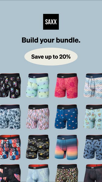 This image ad for SAXX promotes its boxer briefs and entices consumers to build a bundle and save up to 20%.