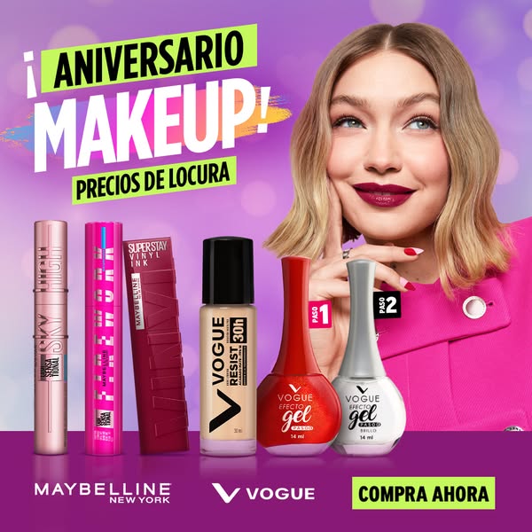 The image promotes the anniversary of Maybelline and Vogue makeup products. It features a woman, with one hand by her fa