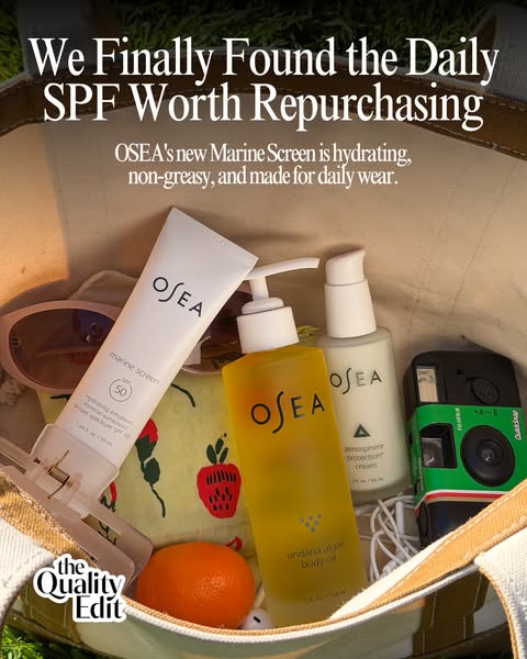 This ad highlights the benefits of OSEA's Marine Screen SPF, emphasizing its hydrating, non-greasy formula and suita