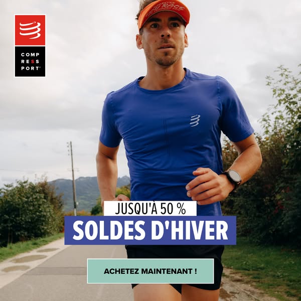 This ad promotes Compressport athletic wear, specifically apparel for running. It features a runner wearing the brand