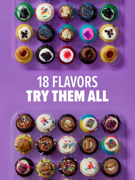 An image showcasing 18 cupcake flavors.