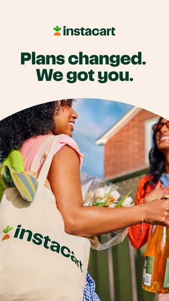 This image ad for Instacart shows two smiling women outside, one carrying a tote bag with the Instacart logo filled with