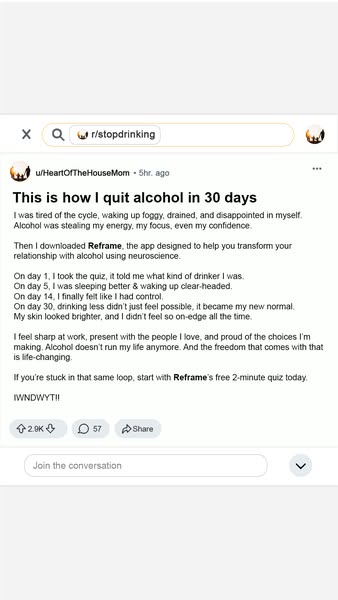 Ad for the Reframe app featuring a Reddit post about how the app helped someone quit drinking alcohol.