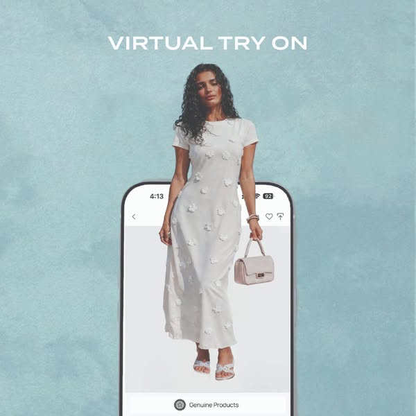 The ad features a virtual try-on demonstration, displaying a woman wearing a dress and holding a bag via a mock mobile a