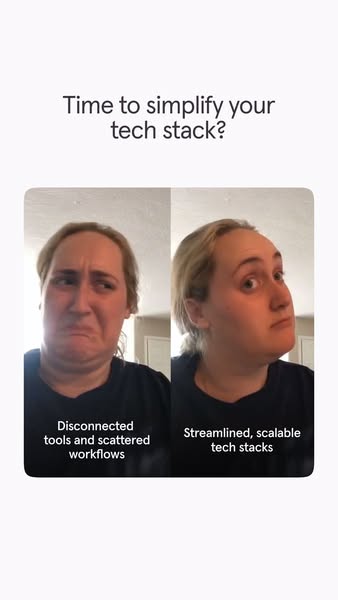 This ad uses a side-by-side comparison to highlight the benefits of simplifying a tech stack. On one side, a woman grima