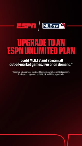 This image ad promotes an upgrade to an ESPN Unlimited Plan that includes MLB.TV, offering the ability to stream out-of-
