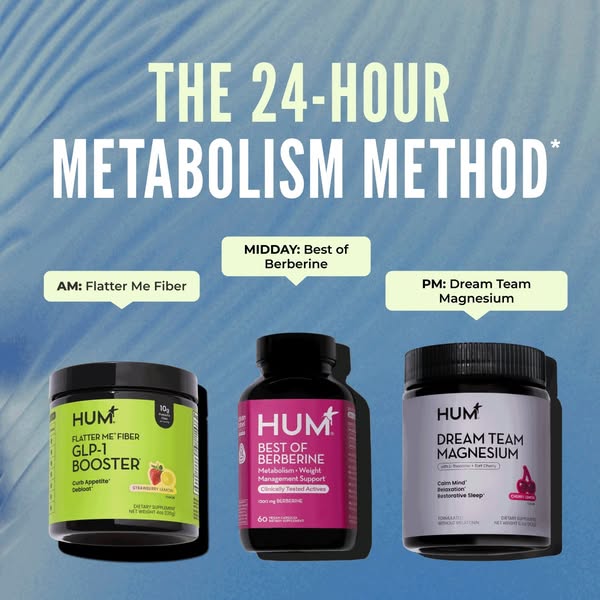 This ad showcases the brand HUM's 24-hour metabolism method, including Flatter Me Fiber, Best of Berberine, and Drea