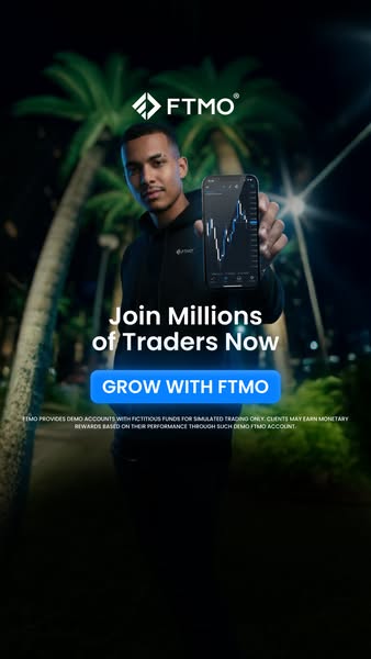This image ad for FTMO features a man holding a phone displaying a stock chart, with text encouraging viewers to join mi