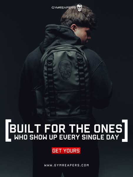 The image ad is for Gymreapers brand backpack. The ad features a model wearing the backpack and the text, "BUILT FO