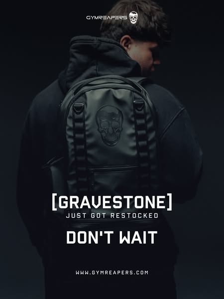 This ad features the Gymreapers brand 'Gravestone' backpack, which is newly restocked and available for purchase