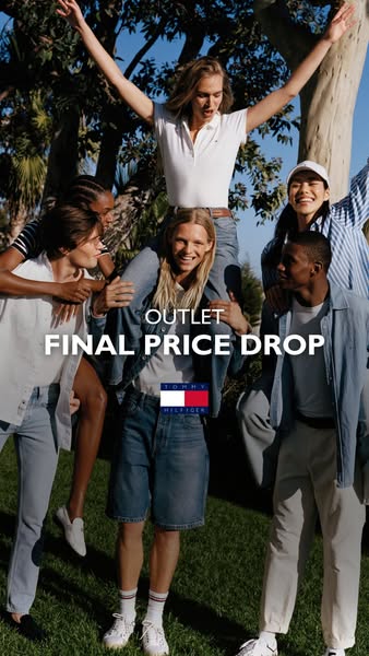 This image ad for Tommy Hilfiger Outlet showcases a group of diverse, happy-looking young people enjoying each other'