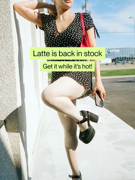 An image ad showcasing a black and white polka dot dress and black chunky platform sandals. The ad uses light green text