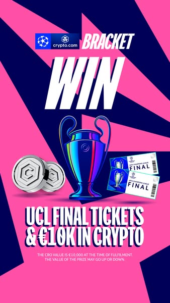 An ad for Crypto.com promoting a contest to win UCL Final tickets and €10K in crypto currency.