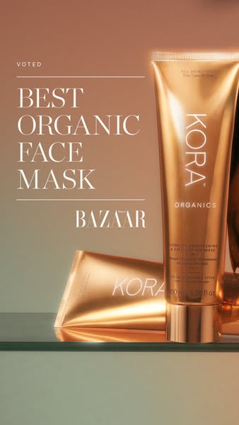 This ad for Kora Organics face mask features two tubes of the product on a glass shelf. The ad highlights that the produ