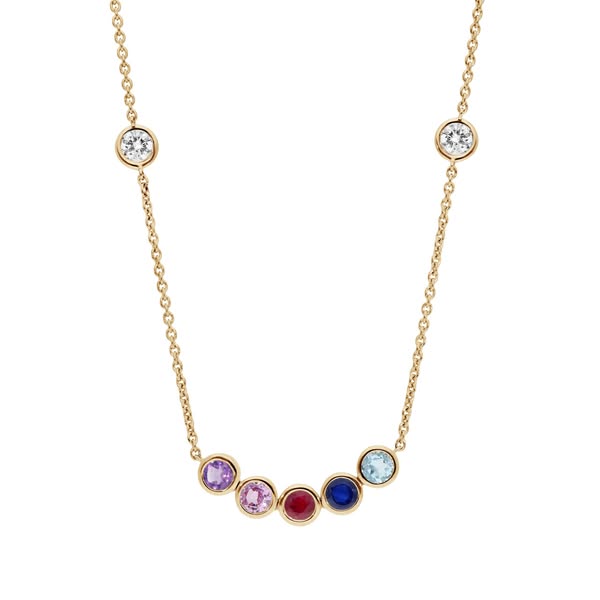 This ad features a gold necklace with alternating clear and colored gemstones. The necklace is displayed against a white