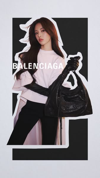 The ad features a woman holding a Balenciaga handbag. She is wearing black gloves, black pants, and a white shirt. A bla