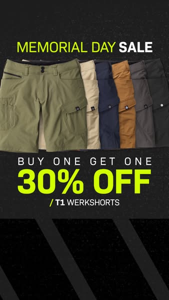 This image ad promotes a Memorial Day sale for the T1 Werkshorts, featuring a buy-one-get-one 30% off deal. The ad showc