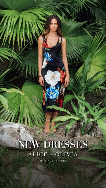 An image ad for Alice + Olivia dresses showing a woman wearing a floral print midi dress in an outdoor setting. The ad p