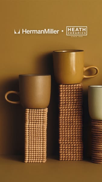 This ad showcases ceramic mugs in various colors from a collaboration between Herman Miller and Heath Ceramics. The mugs