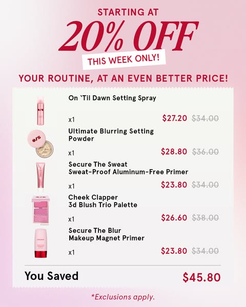 Ad showcasing multiple makeup products with discounts. The ad highlights the discounted prices on the setting spray, set