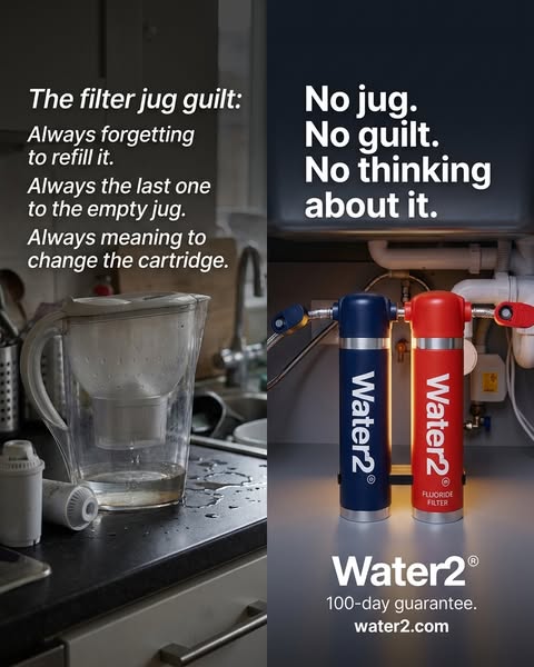This ad compares the traditional filter jug with the Water2 product, stating that the traditional filter jug causes guil