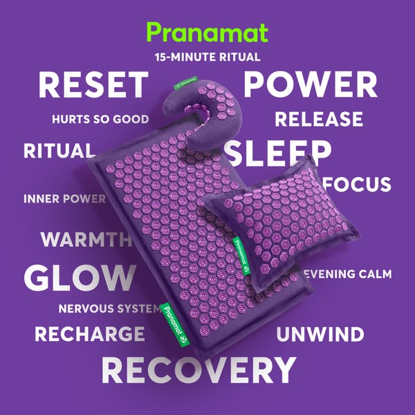 This ad for Pranamat features a purple acupressure mat, pillow, and headrest. The ad lists the benefits of using Pranama