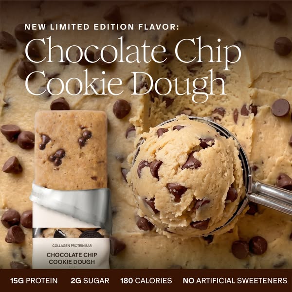 This ad features a new limited edition chocolate chip cookie dough flavored protein bar that contains collagen. The ad d