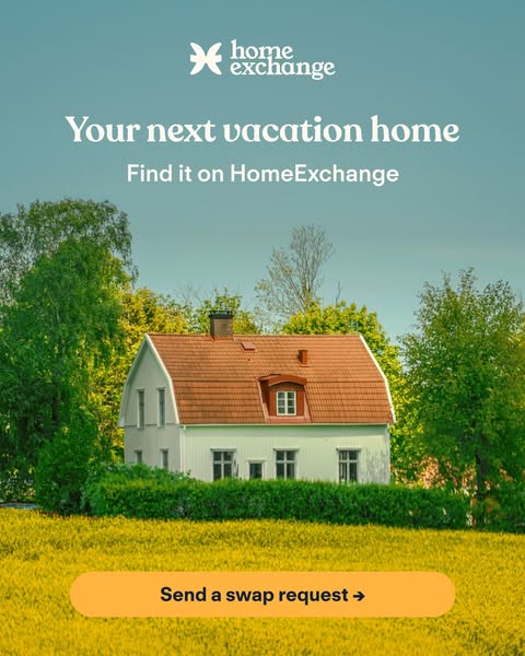This image ad is for HomeExchange, an online platform for finding vacation homes. It features a photo of a white two-sto