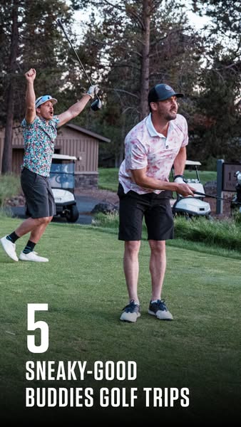 This ad promotes buddy golf trips with an image of two men playing golf. One man is preparing to swing while the other c