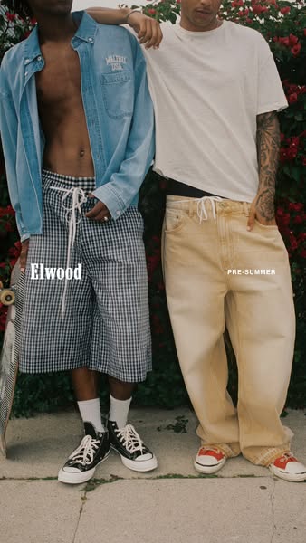 This ad features two people in stylish clothes. The ad seems to be promoting Elwood clothing.