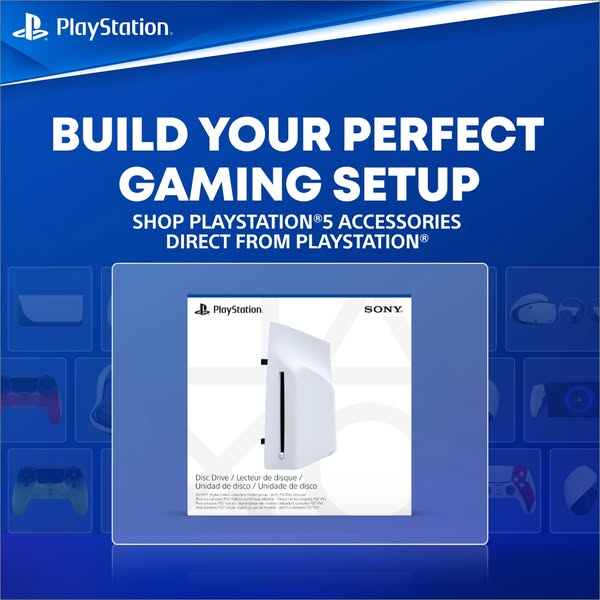 This ad from Playstation promotes their PlayStation 5 accessories, specifically the disc drive. The ad utilizes a gradie